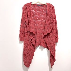 JW Style Women’s Open Knit Crochet Raspberry Burgundy Asymmetrical Cardigan